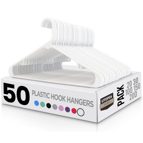 Utopia Home Plastic Hangers 50 Pack - Clothes Hanger with Hooks - Durable & Space Saving (White)